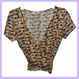 Brown Pink & Cream Floral Crop Top Blouse